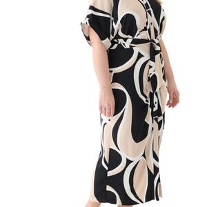 DKNY Black Beige White Abstract Print Maxi Shirt Dress| Belted | Size 14